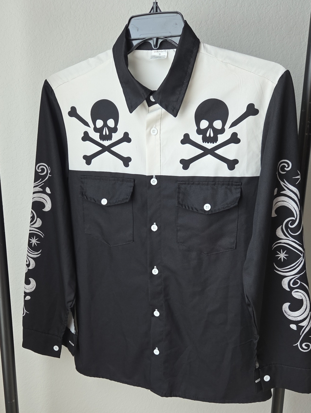 Men's Black & White Skull Western Button-Down Shirt Dia Los Muertos Halloween